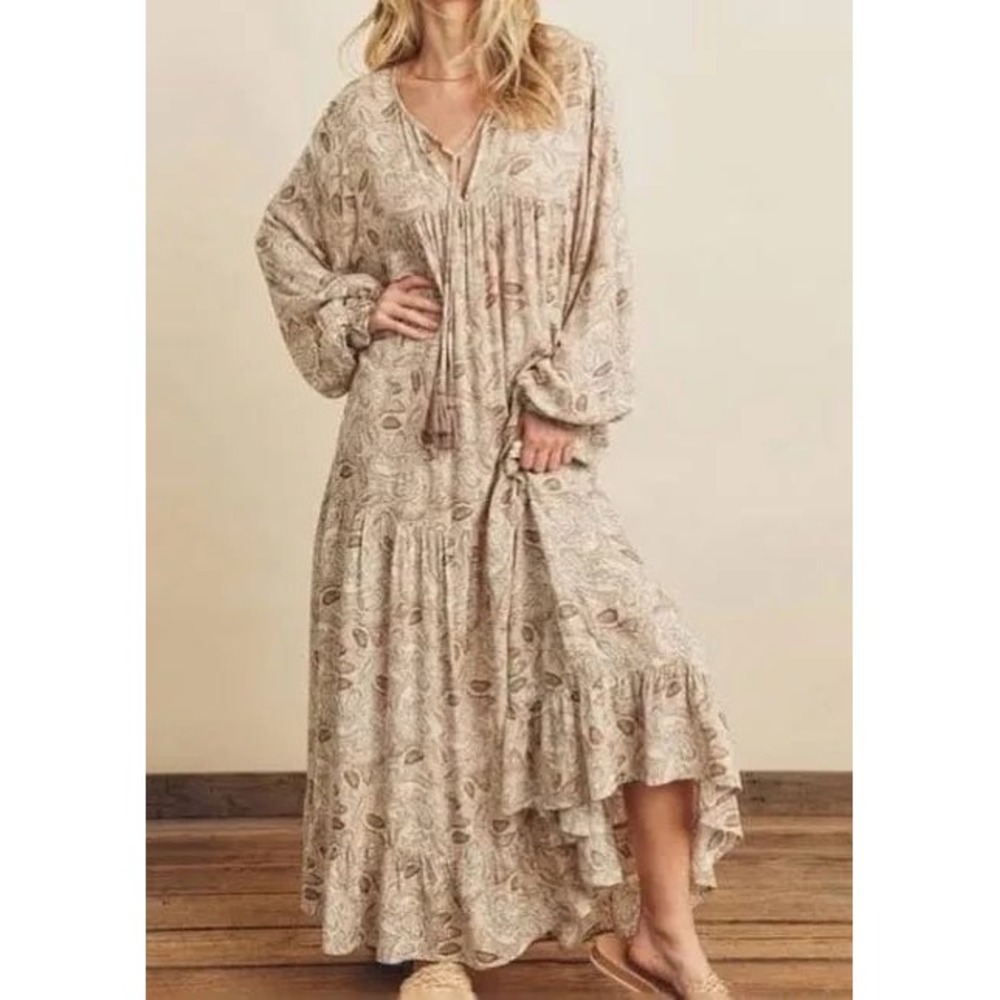 Dress Forum Los Angeles Paisley Tiered Maxi Dress Small Brown Tan Blue FD4438